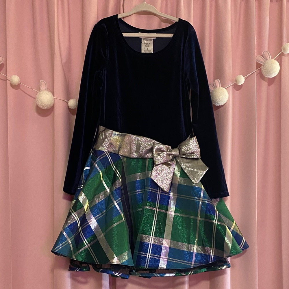 Bonnie Jean Navy and Green Plaid Dress with Silver Bow